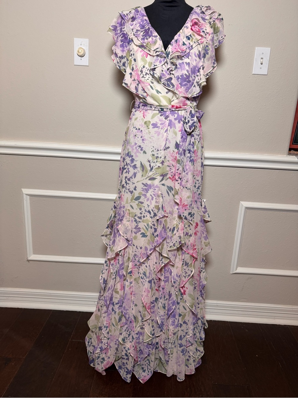 Ralph Lauren Floral Ruffle Maxi Dress in Lavender, Pink and Cream